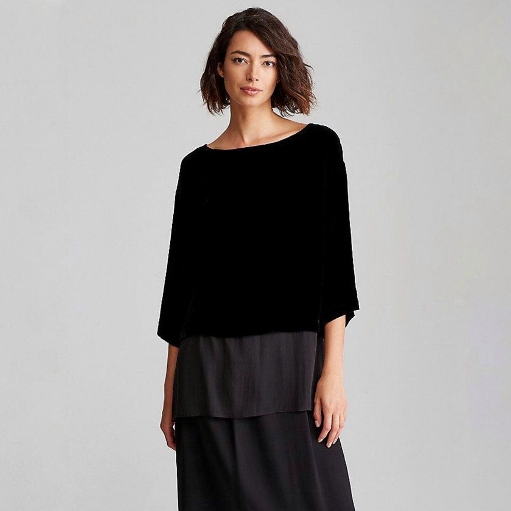 Eileen Fisher Velvet Bateau Neck Top Sheer Silk Georgette Trim Size Small Black